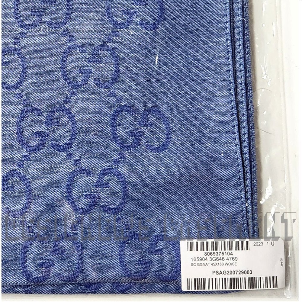 GUCCI Blue & Periwinkle GGNAT wool & silk 18"x70" shawl Pashmina scarf NWT - Picture 10 of 10